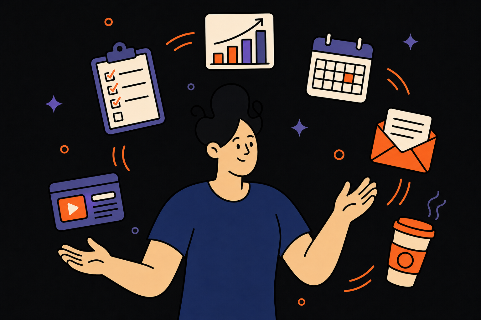 Illustration of a solo L&D manager juggling course design, analytics, and admin tasks