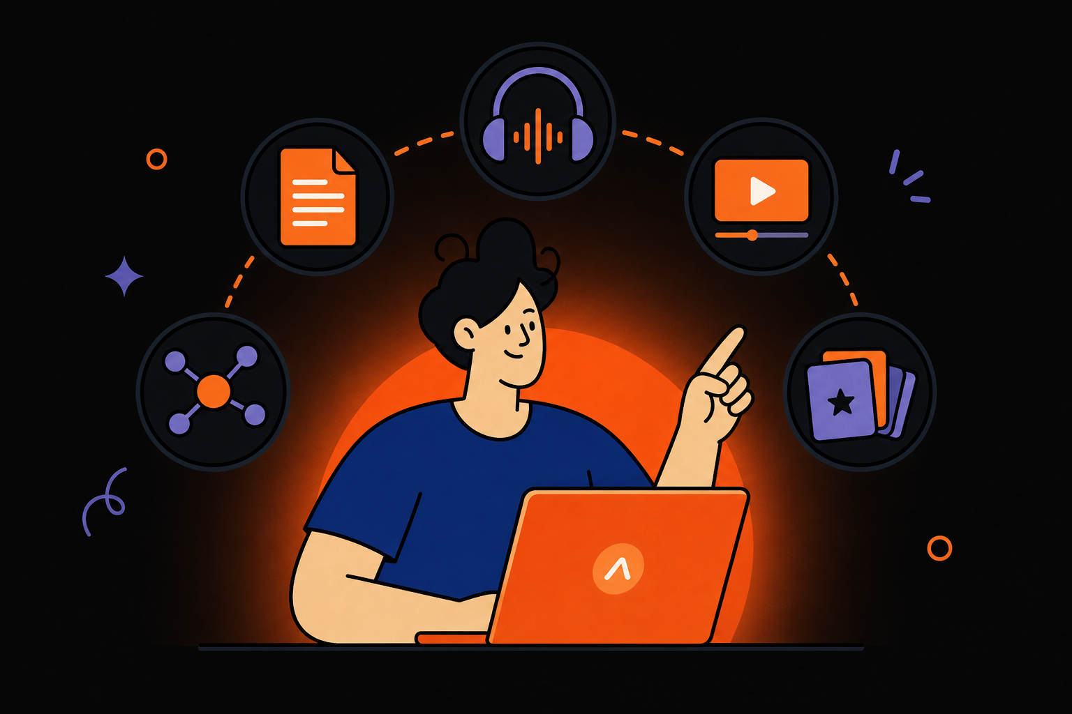 Illustration of a learner choosing between text, audio, video, and flashcard learning formats